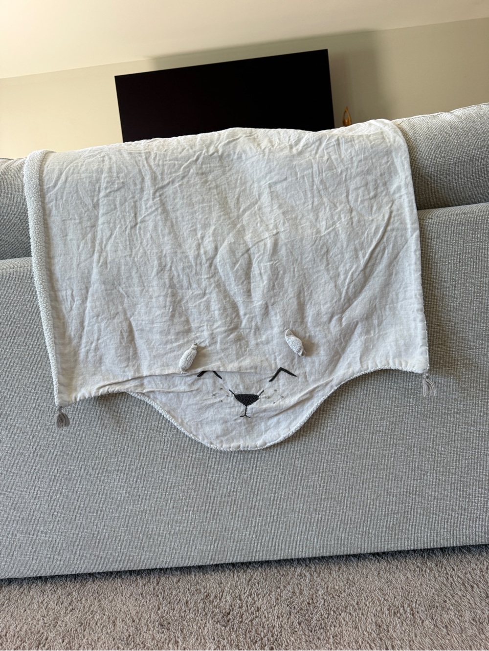 Pottery Barn Kids grey bear linen lovey blanket with a sherpa face and 3D ears.
